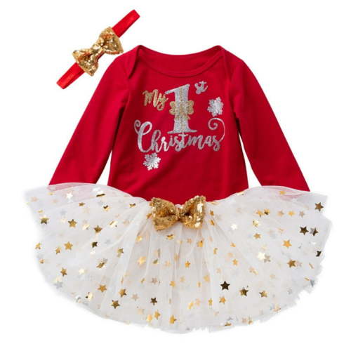 Odeerbi Girls Christmas Dress Set Infant Girls Clothes Party Tulle Skirt Christmas 2024 Long Sleeved Printed Romper Mesh Half Skirt Set Red 6-9 Months