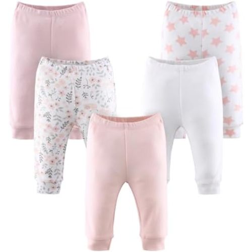 The Peanutshell Baby Girl Pants Set | 5 Pack in Newborn to 24 Month Sizes | Floral, Pink, White, Stars