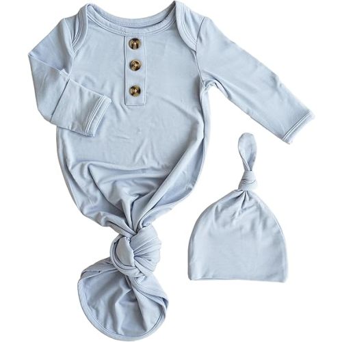Caden Lane Newborn Knotted Gown with Hat, Soft Bamboo Viscose Baby Sleep Sack, Unisex Infant Nightgown, Breathable Sleepwear