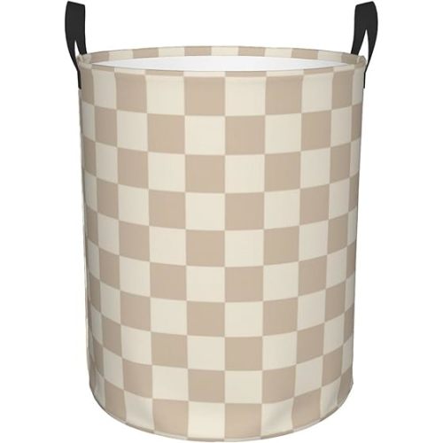 Large Laundry Basket, Brown and Beige Checkered Laundry Hamper Bag 19.6" Collapsible Washing Bin With Handles for College Dorm, Family Essentials Storage