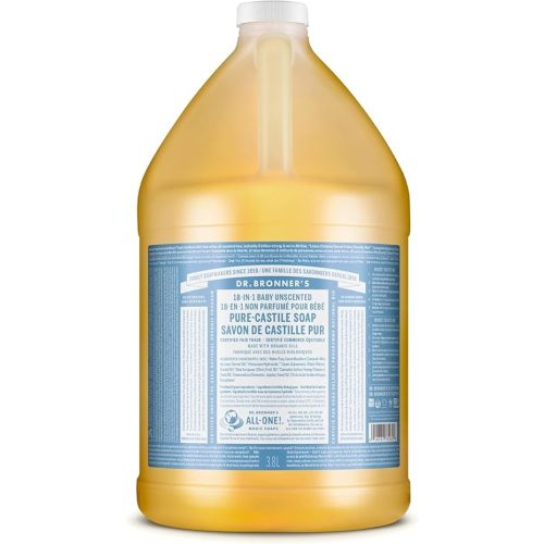 Dr. Bronner’s - Pure-Castile Liquid Soap (Baby Unscented, 1 Gallon) - Made with Organic Oils, 18-in-1 Uses: Face, Hair, Laundry and Dishes, For Sensitive Skin and Babies, No Added Fragrance, Vegan