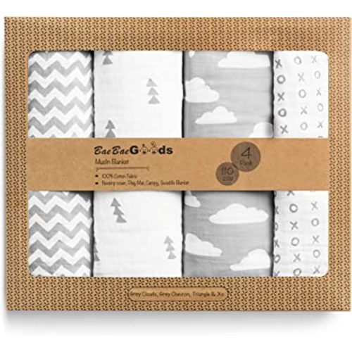 Muslin Swaddle Blankets – Soft Pure Cotton Muslin Blankets – 4 Pack of Breathable Swaddle Blankets – Unisex Baby Swaddle Blanket Set in Grey/White Designs – Multi Use Muslin Blankets – 47 x 47 inches