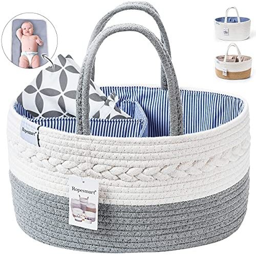 Ropesmart Baby Diaper Caddy Organizer,Portable Diaper Caddy,Cotton Rope Shower Gift Basket,Diaper Storage Basket for Changing Table & Car with Removable dividers,Portable Changing Pad-inc(Gray)