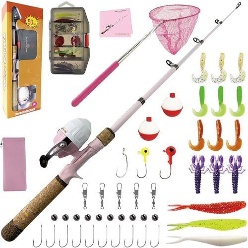 Kids Rod Set, Kids Fishing Rod and Reel Combo and Fishing Net Tackle Box with Fishing Lure Hook and Bag for Girls Beginners, Kids, Youth Anglers