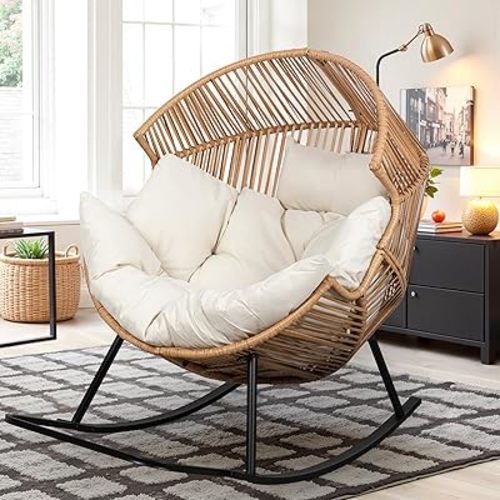 Vongrasig Wicker Rocking Egg Chair PE Rattan with Cushion, Oversized Patio Lounge Rocker Chair for Outdoor, Indoor, Balcony, Backyard, Garden, (Beige)