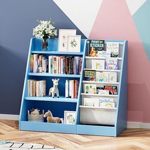 NACHES Montessori Kid Bookshelf Toddler Bookcase Cabinet Children Book Rack Display Toy Storage Organizer 4 Tier 5 Sling Deep Sleeves Classroom Bedroom Nursery Playroom Wood (Blue)