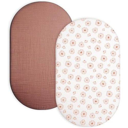 Bassinet Sheet for Baby Boy and Girl, Fitted Sheets for Rectangle, Oval, Hourglass Bassinet Mattress, Muslin Moses Basket Sheets with Neutral Style (Dusty Rose & Flower, Bassinet Sheet)