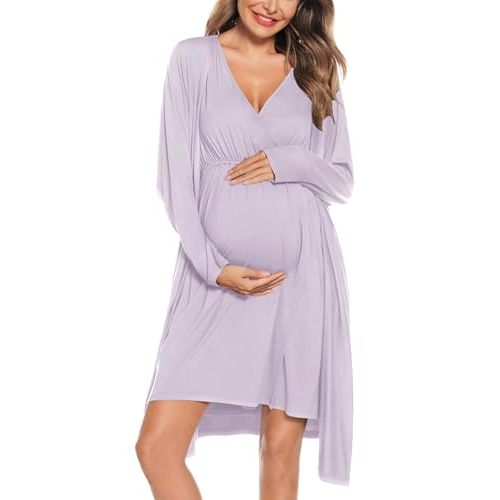SWOMOG Women Maternity Nursing Gown and Robe Set 3 in 1 Labor Delivery Nursing Nightgown for Breastfeeding Hospital Bathrobe