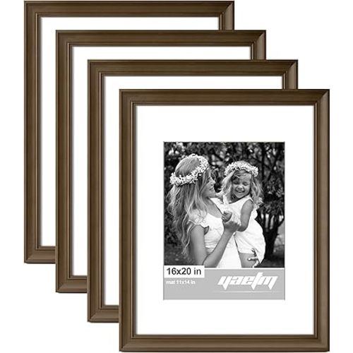 Yaetm 16x20 Picture Frame Matted to 11x14 Set of 4, 1.4" Wide Molding & Brown Wood Grain Frames 16 x 20 inches, 16x20 Frame for Wall Gallery, Home and Office (4 pack, Wood Brown)