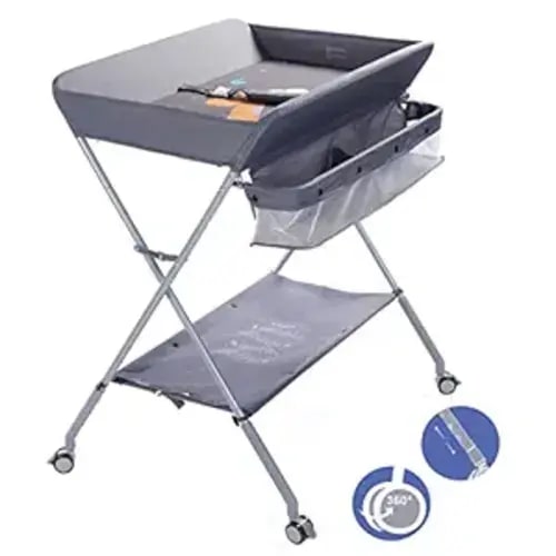 EGREE Baby Changing Table Portable Folding Diaper Changing Station with Wheels, Adjustable Height Mobile Nursery Organizer with Safety Belt and Large Storage Racks for Newborn Baby and Infant, Gray