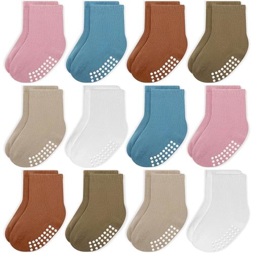 JAKIDAR 12 Pack Baby Toddler Socks Non Slip Grip Cotton Ankle Socks for Boys Girls Infants Kids