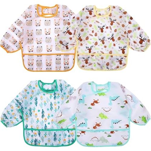 Accmor 4 Pack Long Sleeve Baby Bibs, Waterproof Sleeved Bib Smock for Baby Toddler 6-36 Months