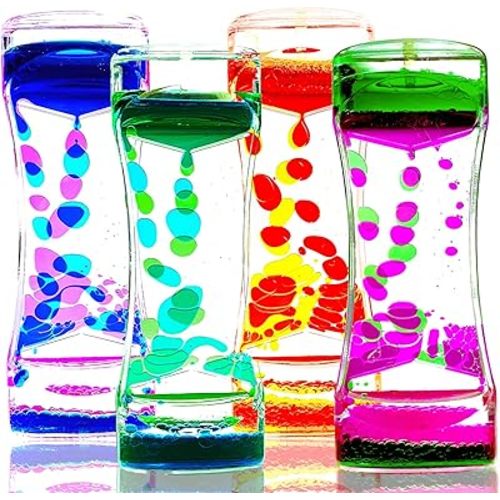 Liquid Motion Bubbler Timer Pack of 4 Colorful Hourglass Liquid Bubbler ADHD Fidget Toy Sensory Toys Anxiety Toys Autism Toys Children Activity Calm Relaxing Desk Toys for Kids Teenager Adults