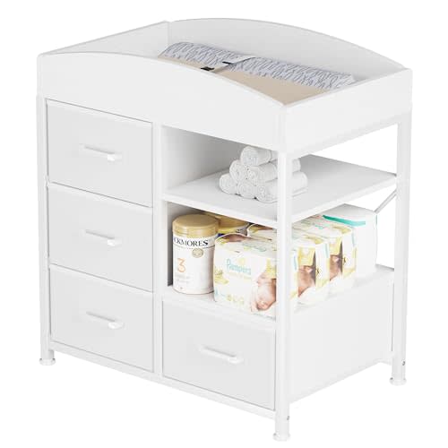 Homeiju Baby Changing Table with 4 Drawers and 2 Shelves - Baby Dresser with Changing Table Top Diaper Changing Station with Storage for Nursery Modern, White