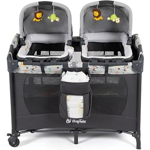 Twin Bassinet & Full-Size Infant Bassinet & Playard for Baby, includes 2 Removable Rock-A-Bye Portable Bassinets with Storage Bags, Light Gray