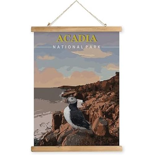 MIDEFINCH Vintage Acadia National Park Poster with Wooden Frame Wall Decor Retro National Park Patterns Printed on Linen Canvas Art for Bedroom Living Room Decor.(12 X 16 inches)
