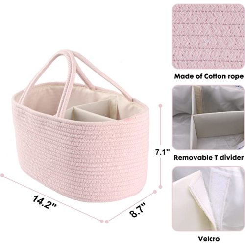 Baby Diaper Caddy Organizer for Girl Boy Rope Nursery Storage Bin Basket Portable Holder Tote Bag for Changing Table Car Travel Baby Shower Gifts Newborn Essentials Registry Must Have Items Pink - Regular - Light pink