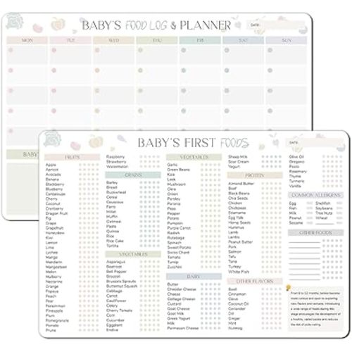2 Pcs Baby First Foods Checklist Magnetic & Weekly Meal Planner, Baby First Foods Tracker Fridge Magnet & Daily Food Log, 12"x8" Dry Erase Baby Foods Chart, 101 Foods Before 1 Checklist Magnet