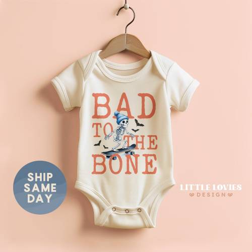 Bad To The Bone Onesie® Brand, Halloween Costume, Skateboarding Skeleton Baby Bodysuit, First Halloween Clothes, Spooky Vibes (CA-HAL14)