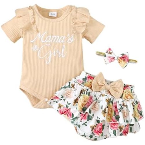 Newborn Baby Girl Clothes Summer Mamas Girl Outfits Clothing Sleeve Romper Floral Ruffle Shorts Set Headband