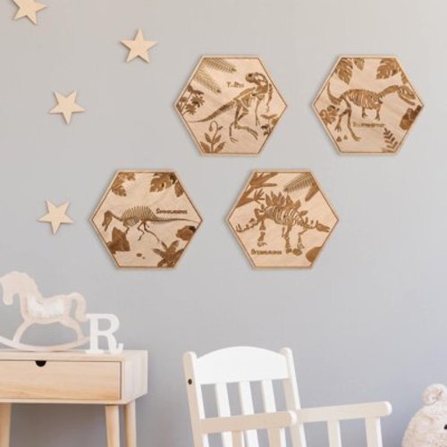 4 Pcs Dinosaur Room Wall Decor for Boys 5.1'' x 5.9'' Wooden Dino Wall Art for Kids Baby Nursery Playroom Bedroom Classroom Decorations Bright