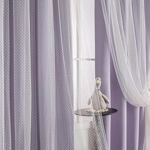 MYSKY HOME Cute Lilac Curtains for Girls Bedroom & Nursery Kids Purple Lavender Blackout Curtains 63 inch Long Double Layer with Polka Dots Sheer, Grommet Tops, 52" Wide, 2 Panels