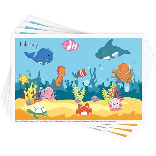 Disposable Stick-on Placemats 40 Pack for Baby & Kids, Toddler Placemats in Reusable Pouch 12" x 18" (Blue Ocean Life)