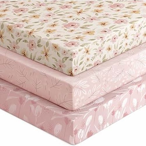Baby Crib Sheets for Boys Girls, Fitted Crib Sheet Neutral 3 Pack for Standard Crib and Toddler Mattress, Breathable Soft Microfiber Baby Sheet 28x52x8in Pink Flowers & Leaf