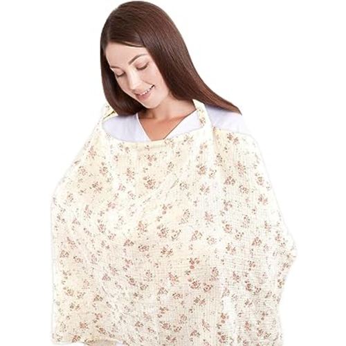 Nursing Covers for Breastfeeding, Muslin Cotton Privacy Nursing Cover with Rigid Hoop, Easy Viewing, Breathable & Soft, Multi-Use Breastfeeding Cover for Summer, Floral