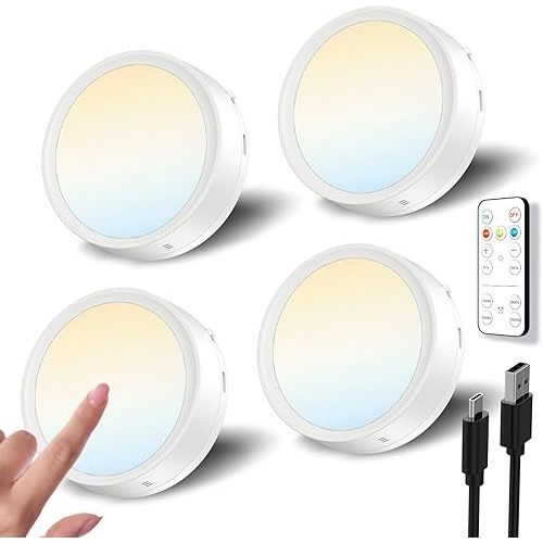 USB Rechargeable LED Puck Lights with Remote Control, 1600mAh Battery Operated Push Lights Stick on Magnetic Tap Lights for Closet Wireless Kitchen Under Cabinet Touch Light Shelf Press Button Light