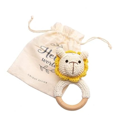 Wooden Baby Rattle Lovely Crochet Lion Ring Rattle, Newborn Animal Rattle Toys, Baby Toys for Baby and Infant