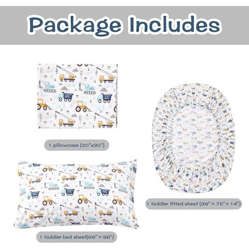 Kids Sheet Set Twin Size 3 Pcs, Boys Sheet Set with Blue Excavator Car Pattern，Kids Boys Twin Fitted Sheet，Breathable & Silky Soft Microfiber Fitted Sheet