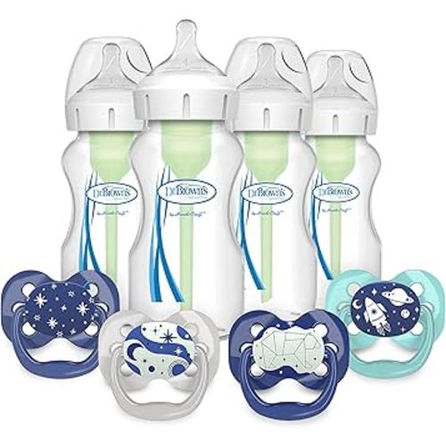 Dr. Brown’s Natural Flow® Anti-Colic Options+™ Wide-Neck Baby Bottle, 9 oz/270 mL, Level 1 Nipple, 4-Pack, 0m+ with Advantage Symmetrical Pacifier with Air Flow, Blue 4-Pack, 0-6m