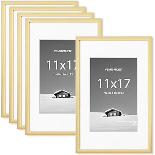 11x17 inch Picture Frame, 11x17 Photo Frames with 8x12 Removable Mat - High Definition Plexiglass - Vertical and Horizontal Display - Wall Hanging Frame - Gold, 5 Pack