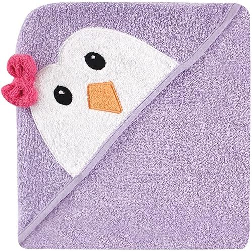 Luvable Friends Unisex Baby Cotton Animal Face Hooded Towel, Purple Penguin, One Size