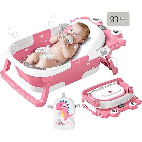 Collapsible Baby Bathtub for Newborns to Toddler with Real-time Temp Monitor & Floating Cushion,Portable Travel Tub for 0-36 Month, Foldable Baby Bath Tub for Infants Girl (Pink)
