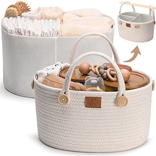 Baby Diaper Caddy Organizer, Detachable Versatile Handles 2-Layer Storage Nursery Hanging Basket for Stroller, Crib, Changing Table Cotton Rope Organizer for Baby Essentials l Baby shower Gifts