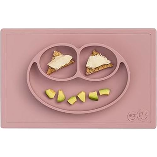ezpz Happy Mat (Blush) New Version - 100% Silicone Suction Plate with Built-in Placemat for Toddlers + Preschoolers - Divided Plate - Dishwasher Safe - 24 Months+