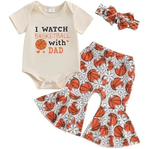 Infant Baby Girl Basketball Outfit Bow and Basketball Print Cotton Romper Flare Pant Headband 3Pcs Summer Sport Outfit