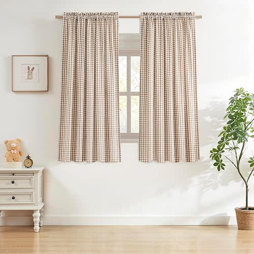 ZJDECOR Brown White Buffalo Plaid Not-See-Through Sheer Curtains 63 Inch