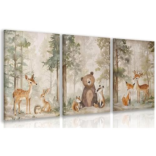 Cyebmo Framed Woodland Animals Wall Art Set of 3, Baby Boy Wild Forest Animals Wall Decor, Deer Bear Fox Wrapped Canvas Painting, Neutral Aesthetic Pictures for Kids Room Benroom Nursery 12"x16"x3