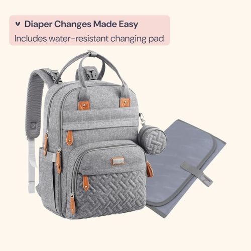BabbleRoo Diaper Bag Backpack - Baby Essentials Travel Tote - Multi Function Waterproof Diaper Bag, Travel Essentials Baby Bag with Changing Pad, Stroller Straps & Pacifier Case - Unisex, Light Gray
