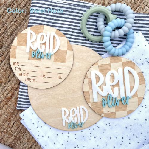 Baby Announcement Sign w/ Checker Board Design, Birth Announcement Round, Stat Sign, Personalized Baby Name Sign, Checkered, Retro Decor