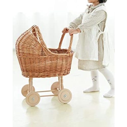 Rattan Doll Stroller Play House Stroller Children's Room Decoration Photo Props Color Wood Original Color 50×30×58cm