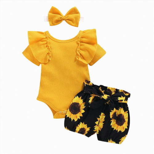 TOWED22 Newborn Baby Girl Summer Outfit Daddy Mama Girl Short Sleeve Romper Checkerboard Shorts Headband 3Pcs Clothes Set Yellow,6-12 M
