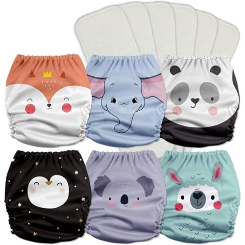 Mama Koala 3.0 Pocket Cloth Diapers for Babies with AWJ Lining, 6 Pack with 6 5-Layer Natural Cloth Diaper Inserts - Reusable and Washable Pocket Diapers(A-Love Animals)