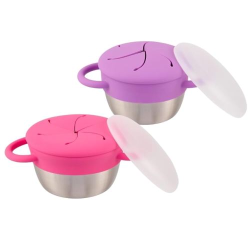 Elk and Friends Stainless Steel Snack Cups – Pack of 2 | Removable Silicone Food Catcher and Travel Lid | Spill-Proof Snack Containers for Baby, Toddler, Kids | Dishwasher Safe, Food Grade Silicone