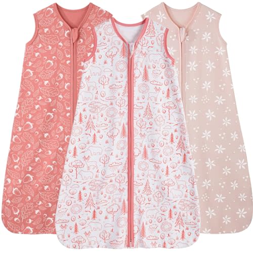 FIEMOL Baby Sleep Sack 0-6 Months, 100% Cotton Sleeping Sack for Newborn and Infant, 3 Pack Baby Wearable Blanket, 0.5 Tog Lightweight Double Zipper Sleep Bag Pink