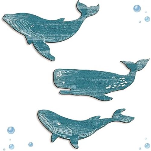 Kas Home 3Pcs Whale Decor Wood Ocean Nursery Decor Nautical Ocean Beach Wooden Wall Art Sculpture Marine Life Themed Hanging Paintings for Living Room Bedroom Bathroom, Ready to Hang (Blue-Whale, 8.6" x 13.7")