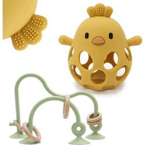 Baby High Chair Toys Teething Chew - Baby Table Toys, Baby High Chair Suction Toy Teething Toys Silicone Teethers, Food Grade Silicon for 6 12 18 Months (Green Yellow)
